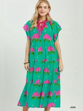 Umgee Hydrangea Print Tiered Midi Dress 🌸💙🛍️